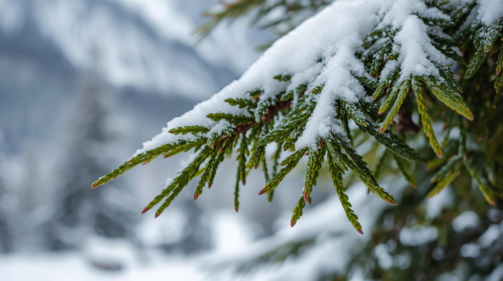 Snow-covered evergreen needles in Colorado winter